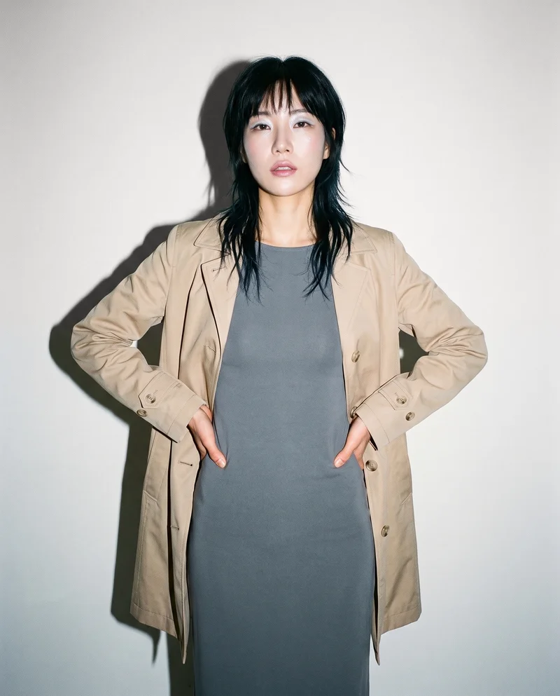 Women's Beige Cotton Mac, Three-quarter length at Front, Flash Editorial lighting