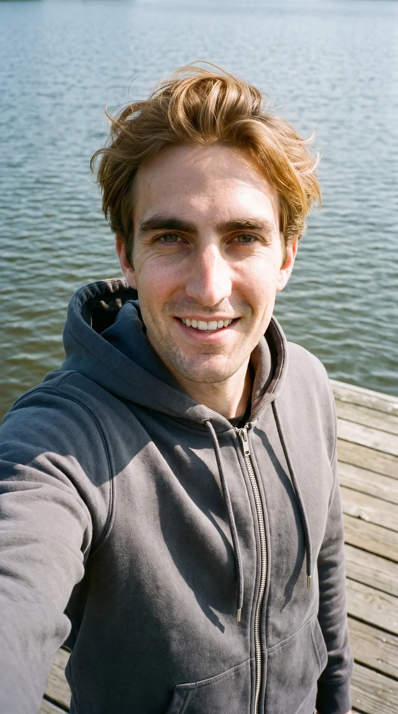 Men's Charcoal Cotton Zip-Up Hoodie, Selfie at Front, Flash Editorial lighting