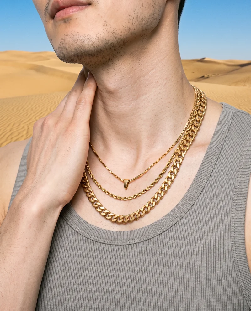 Men's Gold Layered Necklace, Neck at Front, Clean Catalog lighting