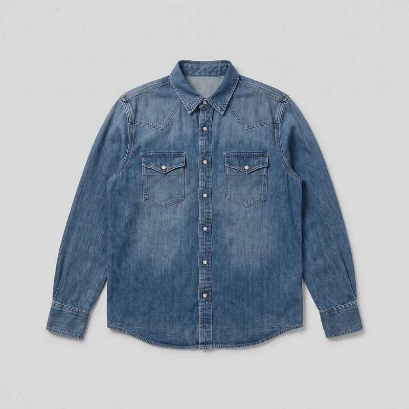 A mostly complete front view of a mid-wash western-style denim shirt laid flat against a backdrop. The long-sleeve regular-fit shirt has a pointed collar, round snap-style buttons down the full front placket, two chest patch pockets with pointed flaps and snap closures, angled western yoke seams, cuff bands, and a curved shirttail hem. Prominent topstitching outlines the collar, placket, yokes, pockets, cuffs, side seams, and hem; no logos, prints, patches, embroidery, or embellishments are visible.