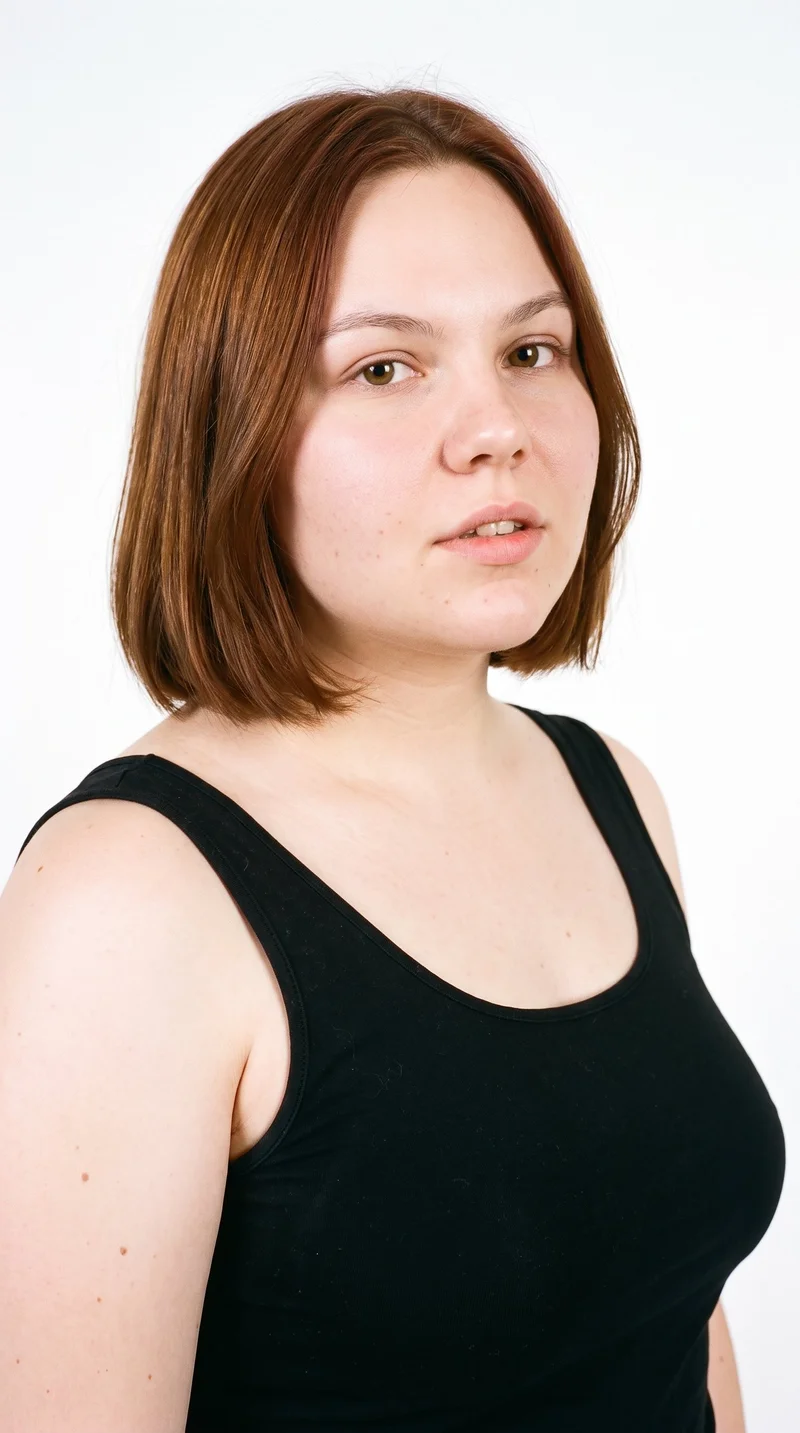 This 20-year-old Slavic woman has fair skin with a cool undertone and a round face defined by soft, full contours and few angles. Her medium-thickness eyebrows frame hazel eyes with green-gold flecks, and she has thin lips. Her reddish-brown auburn hair is styled in a long bob that falls between her chin and shoulders.