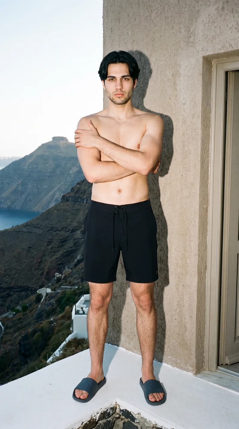 Black Board Shorts, Full body at Front, Flash Editorial lighting