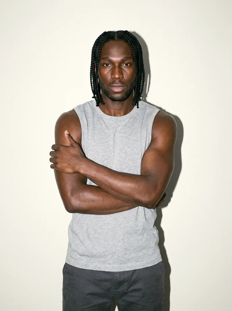 Grey Marl Vest, Upper body at Front, Flash Editorial lighting