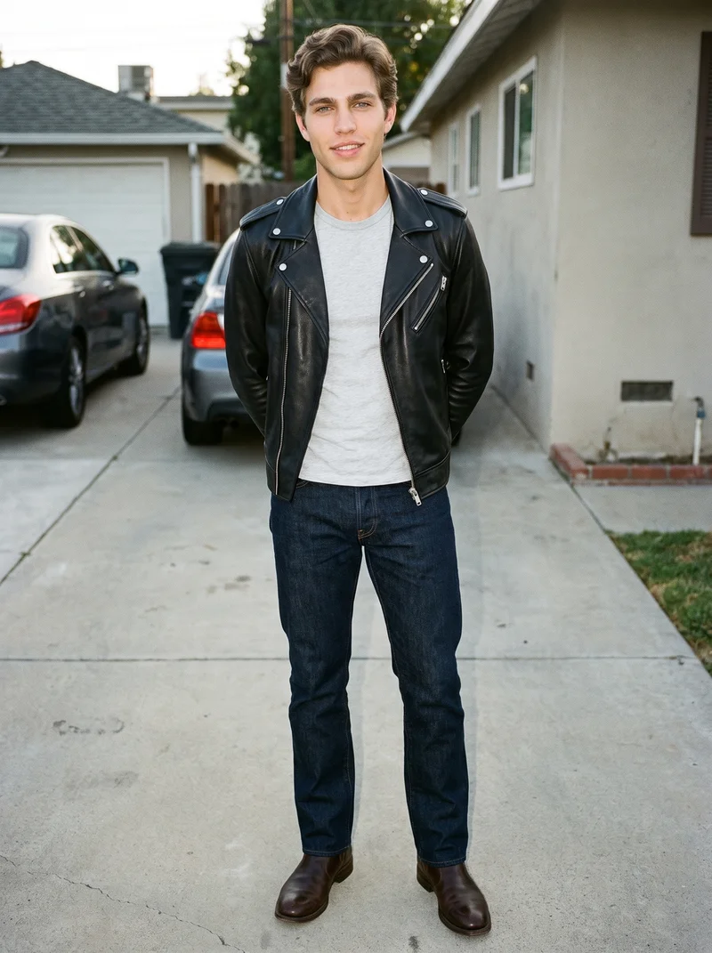 Men's Black Biker Leather Jacket, Full body at Front, Clean Catalog lighting