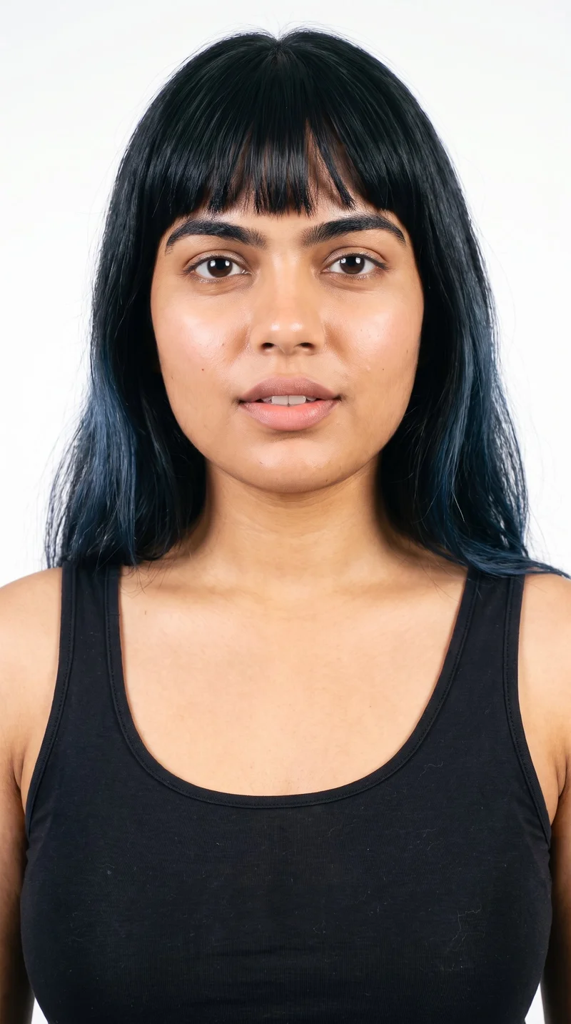 A 24-year-old Indian woman with a brown skin tone and warm golden undertone has a round face with soft, full contours and few angles. She has thick eyebrows, very dark near-black eyes, and medium lips. Her deep black hair falls across her forehead in bangs that frame the upper face.