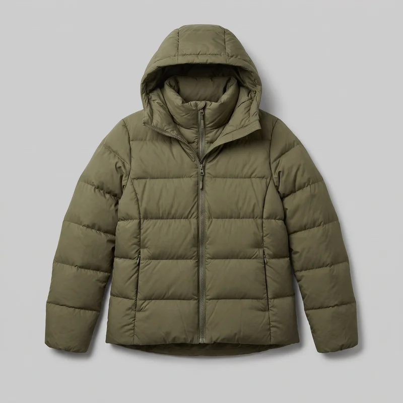 An olive hooded quilted puffer jacket is shown laid flat in a complete front view. It has long sleeves, a structured hood with panel seams, a high stand collar, a full center-front zipper, horizontal padded quilting, vertical front panel seams, and two lower zippered hand pockets. The jacket has a regular-relaxed fit, a hip-length front, and a slightly curved dropped back hem.