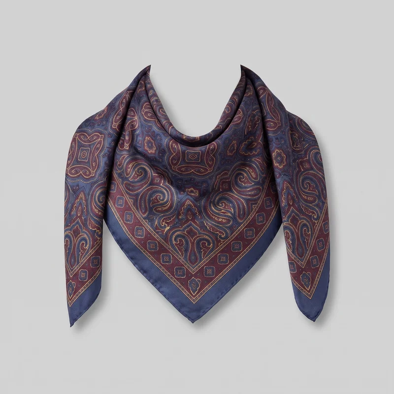 A square silk scarf is draped on a plain surface with a pointed front, two hanging side ends, and a folded upper edge creating soft fabric folds and pointed corners. Its all-over paisley and ornamental medallion pattern includes engineered border bands around the edges and a larger framed paisley field toward the center. No logos or text are visible.