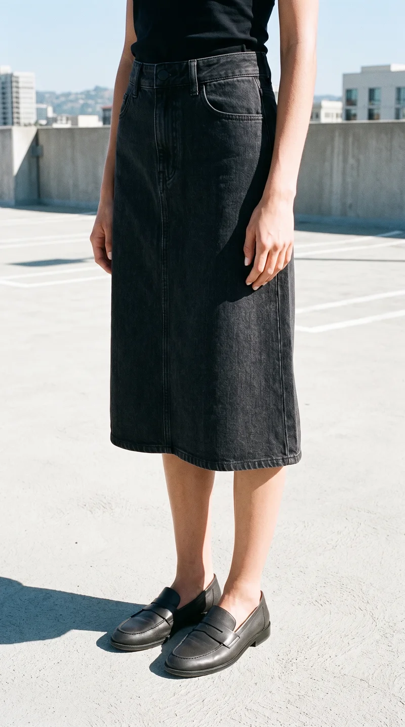 A black denim skirt is shown on a female model in a lower-body frame, viewed from a front three-quarter angle with her feet together. A parking garage rooftop forms the backdrop.