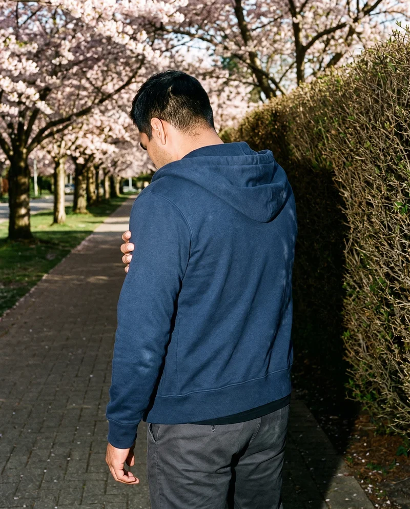 Men's Navy Zip-Up Hoodie, Upper body at Back, Flash Editorial lighting