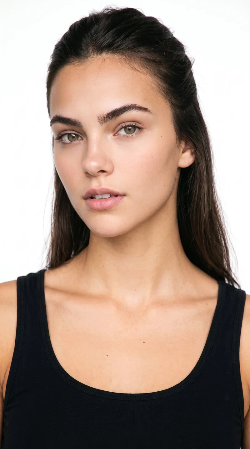 This 18-year-old Caucasian woman has lightly tanned, fair skin with a cool undertone. Her heart-shaped face has a wider forehead that narrows to a more pointed chin. She has thick eyebrows, hazel eyes with green-gold flecks, and thin lips. Her dark-brown hair is styled half up and half down, with the upper section pulled back and the lower lengths hanging loose.
