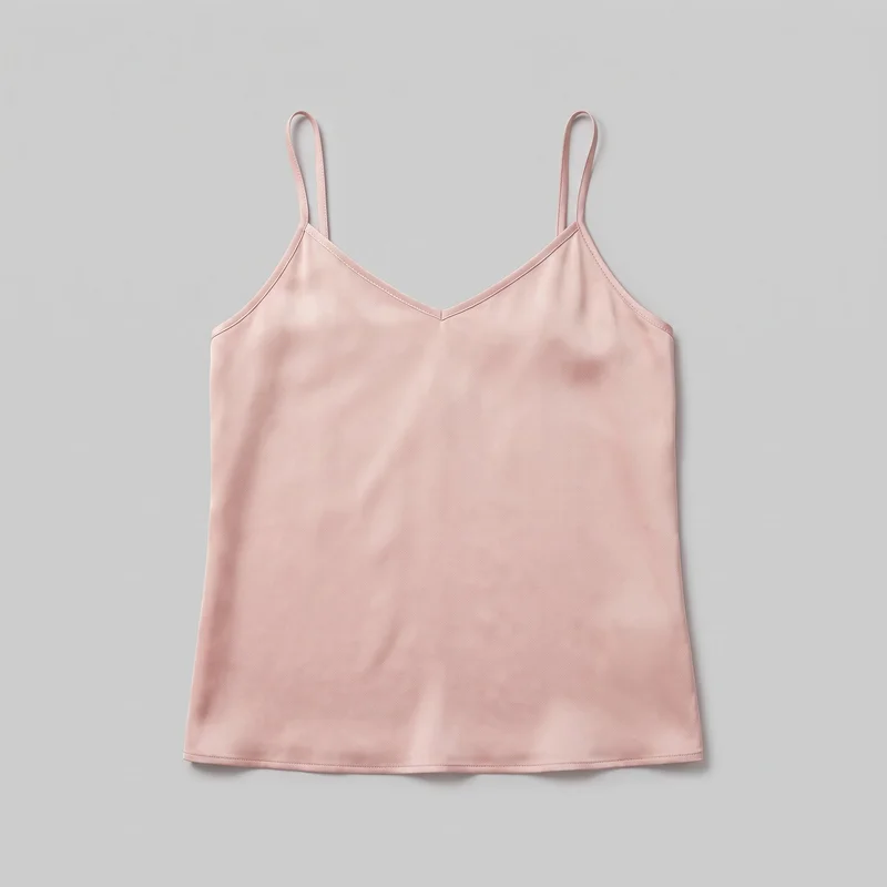 A blush pink women's camisole is shown as a standalone flat front view. It has a straight full-length silhouette, narrow spaghetti straps, a shallow V neckline, bound armholes, gently straight side seams, and a straight bottom hem. Neat topstitching is visible along the neckline, armholes, straps, and hem, with no closures, pockets, logos, prints, or embellishments.