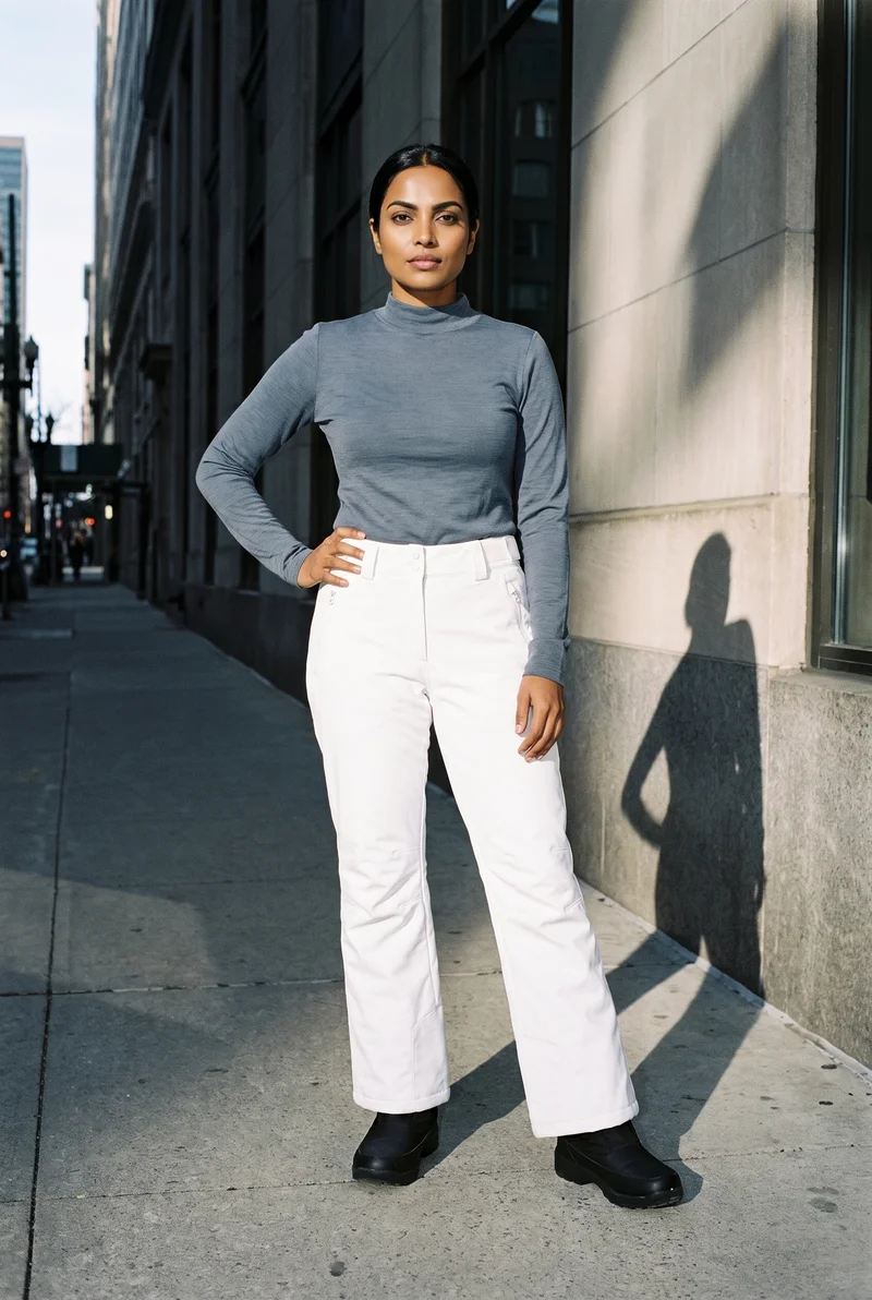 Women's White Shell Ski Trousers, Full body at Front, Flash Editorial lighting