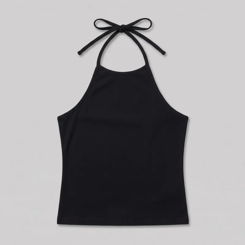 Black halter-neck sleeveless top shown laid flat in a standalone front view. The full body, slim silhouette, straight hem, open armholes, and thin neck straps tied into a bow are visible.