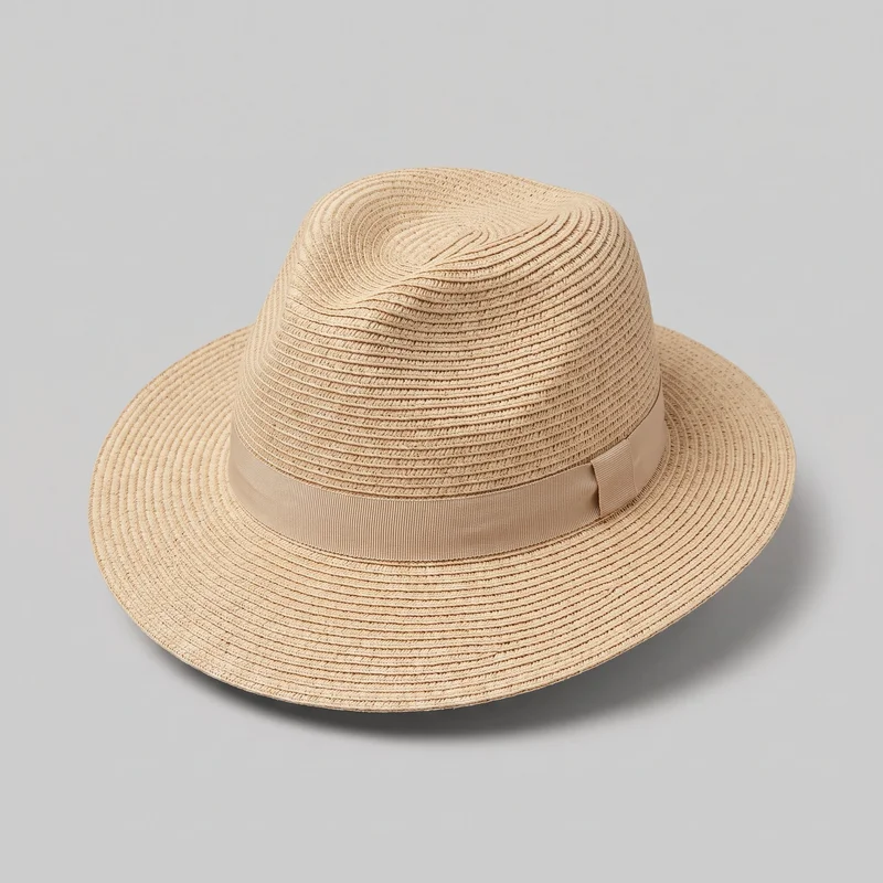 A standalone beige straw fedora is shown from a slightly elevated angle. It has a structured cylindrical crown with a shallow lengthwise crease and pinched shaping at the top, closely spaced concentric braided rows across the crown and continuous brim, and a smooth grosgrain hatband with a flat folded bow on one side.