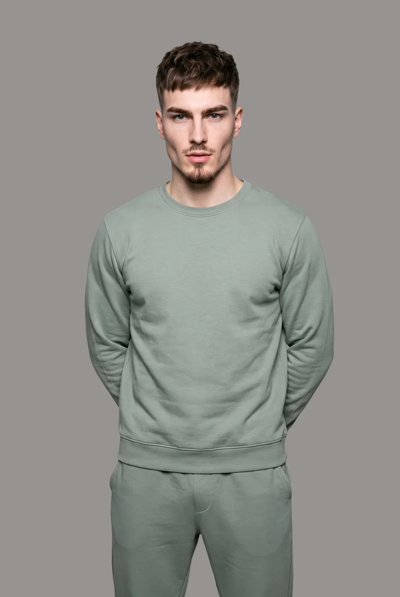 Men's Sage Green Loungewear Set, Three-quarter length at Front, Studio Cutout lighting