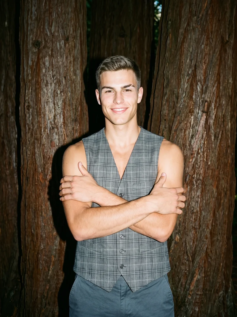 Men's Grey Checked Waistcoat, Upper body at Front, Flash Editorial lighting