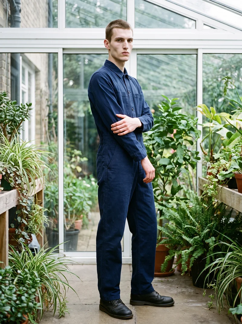 Men's Navy Cotton Boilersuit, Full body at Three-quarter, Natural E-Commerce lighting