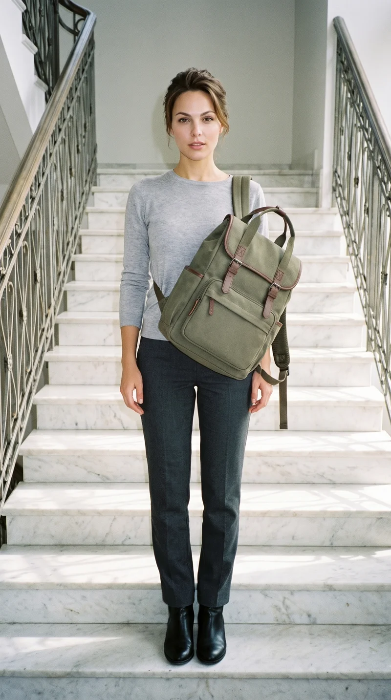 A 23-year-old Caucasian woman is shown full body from the front wearing an olive utility backpack crossbody. She has a natural facial expression, and a marble staircase forms the backdrop.