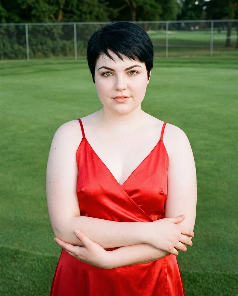 Red Satin Wrap Dress, Upper body at Front, Clean Catalog lighting