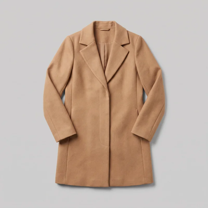 A women's camel wool longline overcoat is shown in a mostly complete front view, laid flat or displayed without a body form. It has a straight regular-to-tailored silhouette, structured set-in shoulders, long straight sleeves, a notched lapel collar, and a deep V-shaped open front with an overlapping single-breasted wrap-like placket. Vertical seams, integrated side pocket openings, and a straight hem are visible.