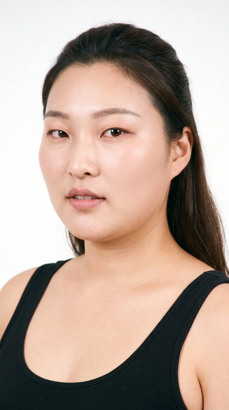 A 33-year-old Chinese woman with a lightly tanned, cool-toned fair complexion and East Asian facial features. Her face has an inverted-triangle shape, with a wider forehead narrowing toward the chin. She has thin eyebrows, brown eyes, and full lips. Her dark-brown hair is styled half up and half down, with the upper section pulled back and the lower lengths hanging loose.
