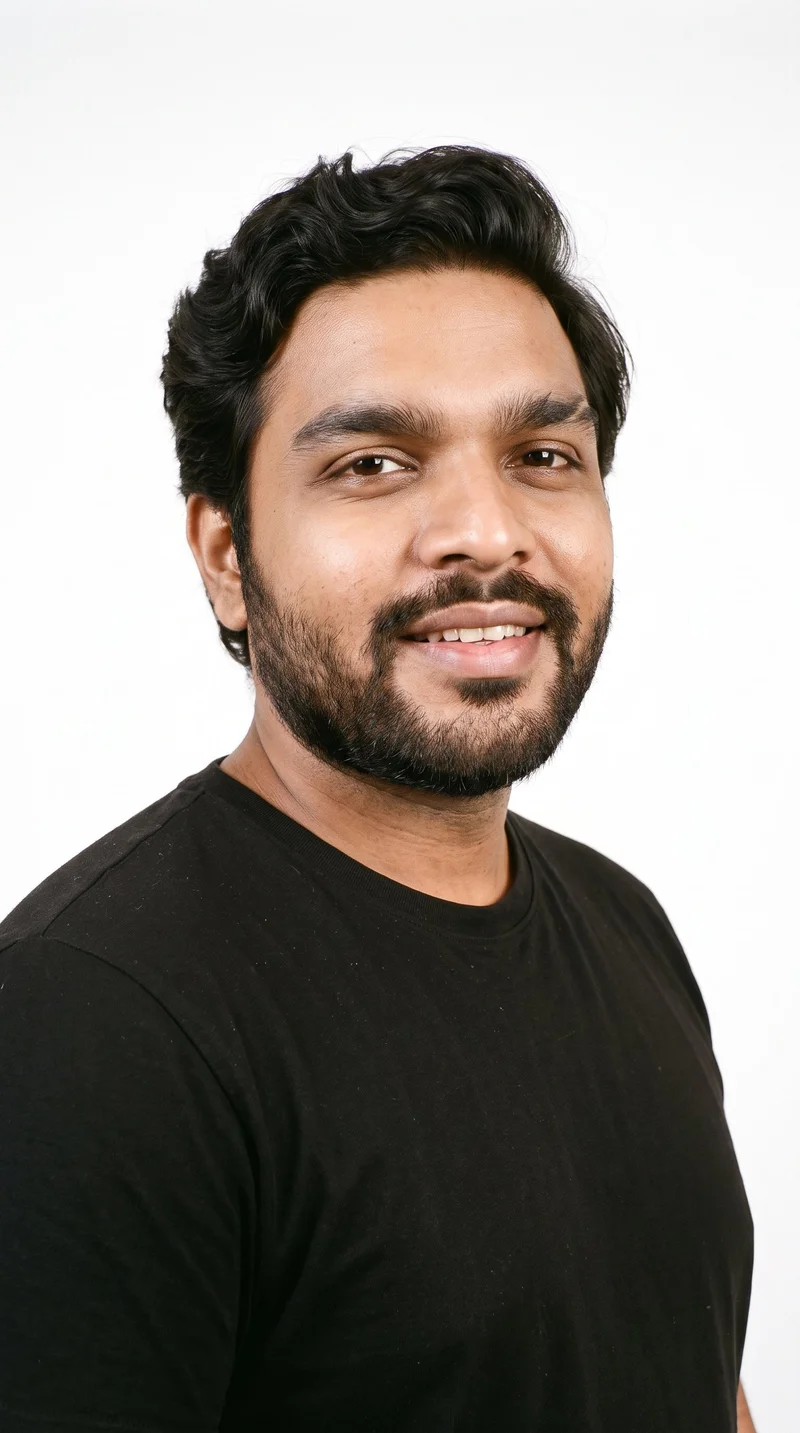 A 35-year-old Indian man with medium-brown skin and an olive-green undertone. His face has smooth, even, softer features with a refined balance, framed by medium-thickness eyebrows and very dark, near-black eyes. He has full lips, soft wavy dark-brown hair with natural movement, and a short, full beard kept evenly trimmed with clean cheek and neckline edges.
