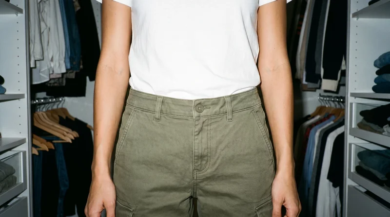 Women's olive utility cargo pants shown from the front, framed from the hips with the hips level. The walk-in closet appears as the backdrop.