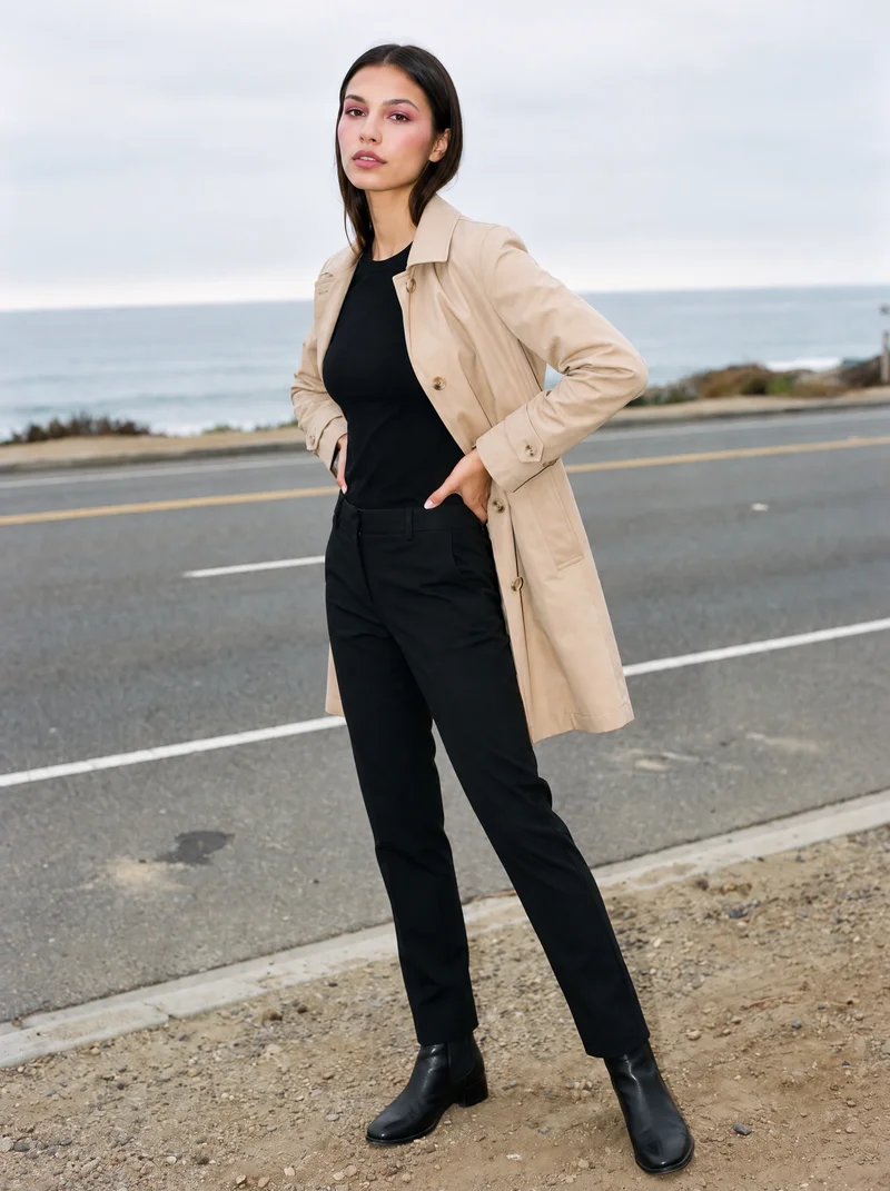 A 21-year-old Slavic woman wears a beige cotton mac in an angled full-body view, standing with her hands on her hips and a neutral expression. The Pacific Coast Highway appears as the backdrop.
