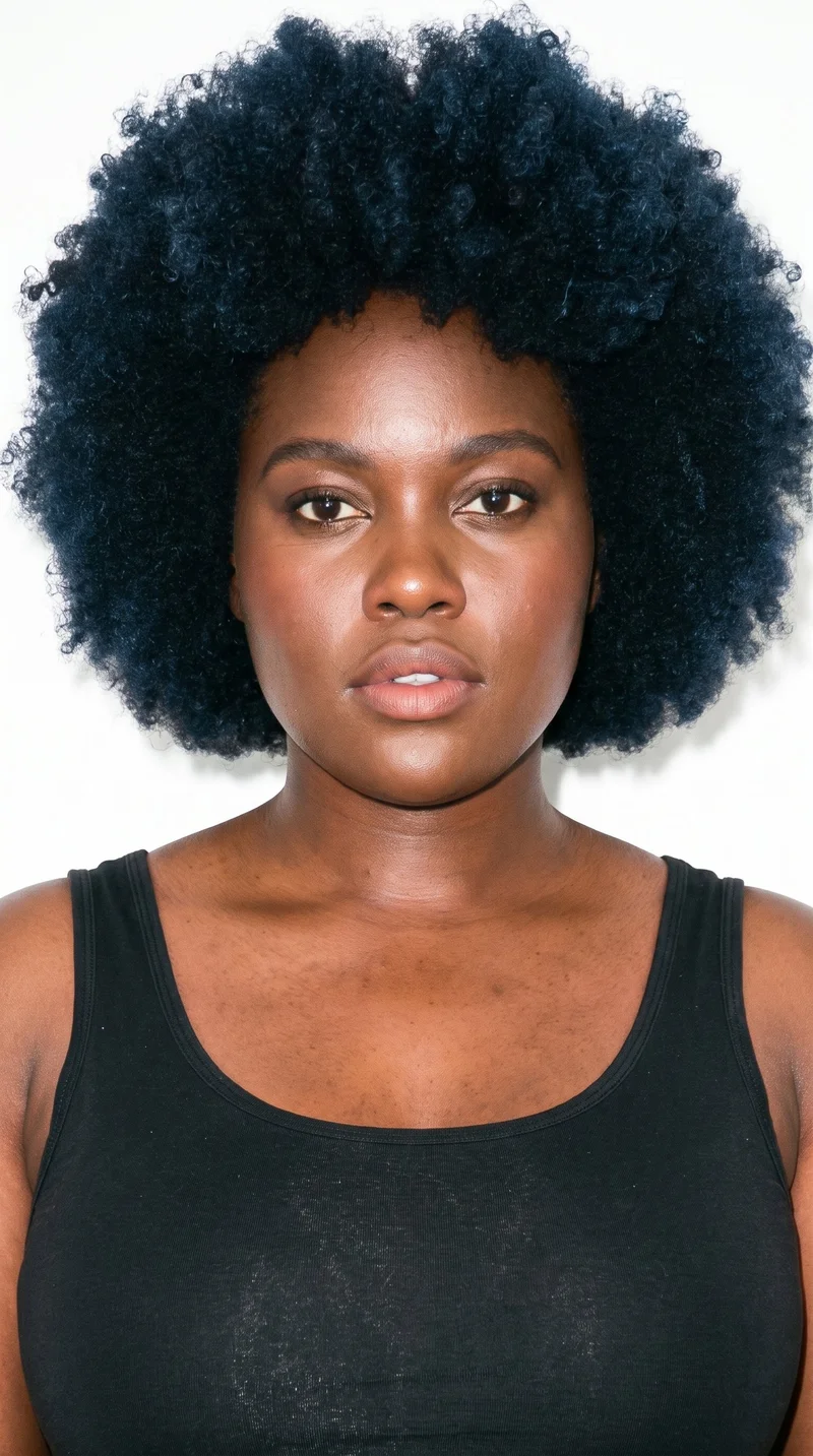 A 34-year-old African woman with medium-brown skin and a red-copper undertone. She has an oval face with balanced proportions and a softly rounded jaw, thick eyebrows, very dark near-black eyes, and very full lips. Her black hair is styled in a full, rounded afro of tightly coiled natural hair.
