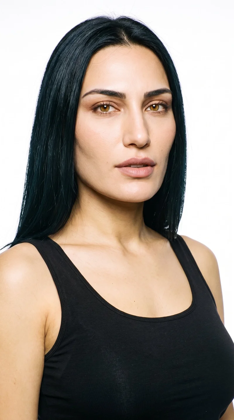 This 25-year-old Turkish woman has medium olive skin with a neutral, greenish-golden undertone. Her square face has a strong, defined jaw and a broad forehead, creating an angular, structured appearance. She has medium-thick eyebrows, amber eyes with a golden tone, and full lips. Her deep black hair is long and straight, falling without waves or layers.