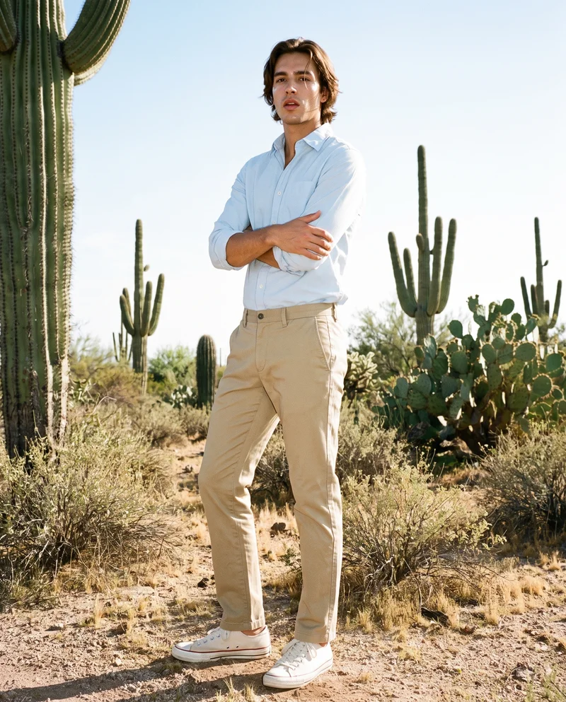 Men's Khaki Chinos, Full body at Three-quarter, Natural E-Commerce lighting