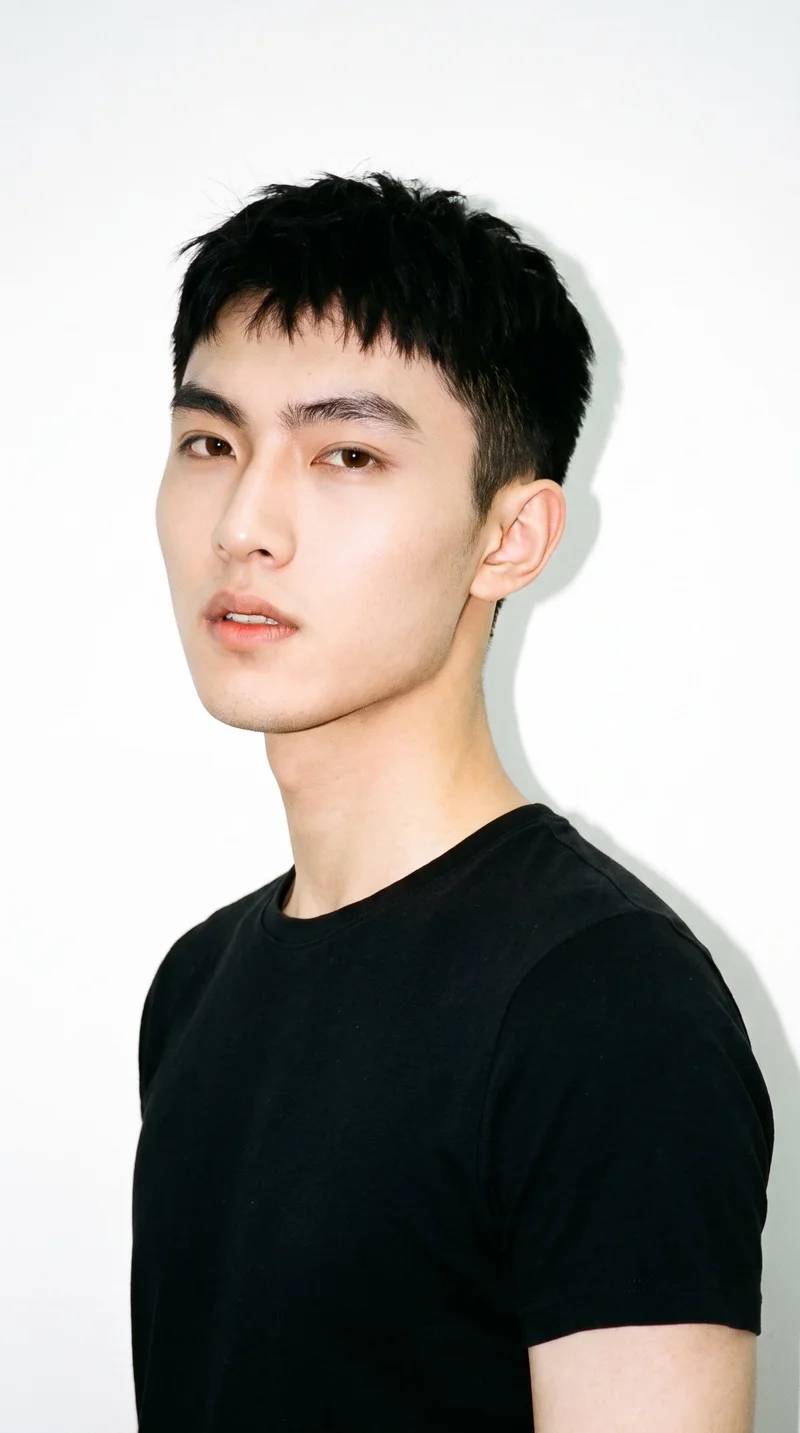 A 20-year-old Chinese man with East Asian facial features and light porcelain skin with a warm yellow undertone. His face has smooth, even, softer features in a refined balance, with thick eyebrows, brown eyes, and thin lips. His black hair is styled in a short textured crop with layered texture on top and closely cut sides. He is clean-shaven, with no facial hair and a smooth face.