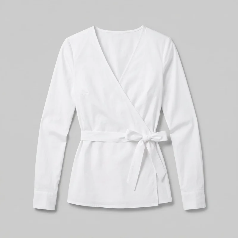 A mostly complete standalone front view of a white cotton wrap-front blouse. It has long straight sleeves with wide cuffs, a deep V neckline formed by overlapping diagonal panels, a waist sash tied into a side bow with hanging ends, and a straight hip-length hem.