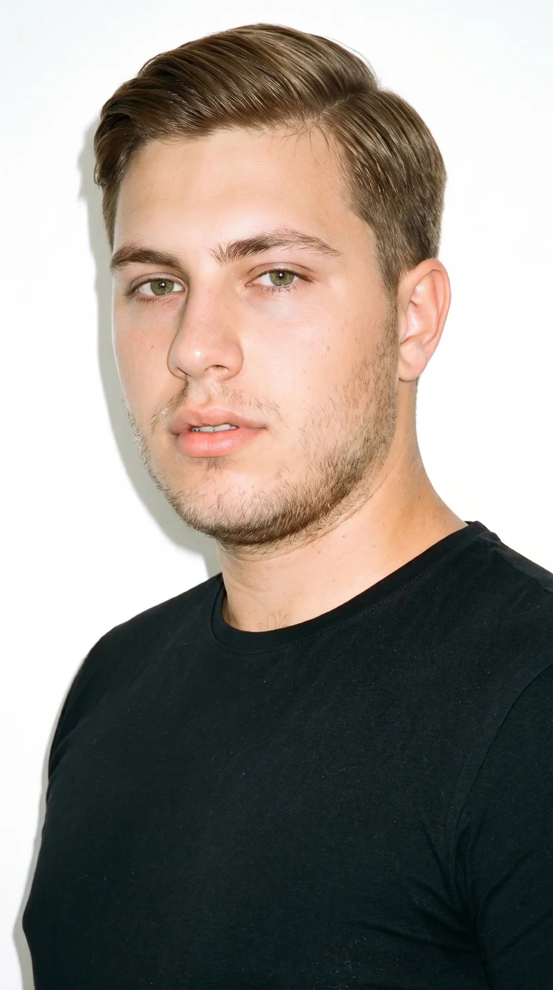 This 19-year-old Caucasian man has lightly tanned fair skin with a warm golden undertone. His diamond-shaped face has a narrow forehead and jaw, with the greatest width at the cheekbones. He has medium-thickness eyebrows, green eyes, and full lips. His light-brown hair is combed to one side along a defined part, and fine, closely trimmed stubble lightly covers the beard area.