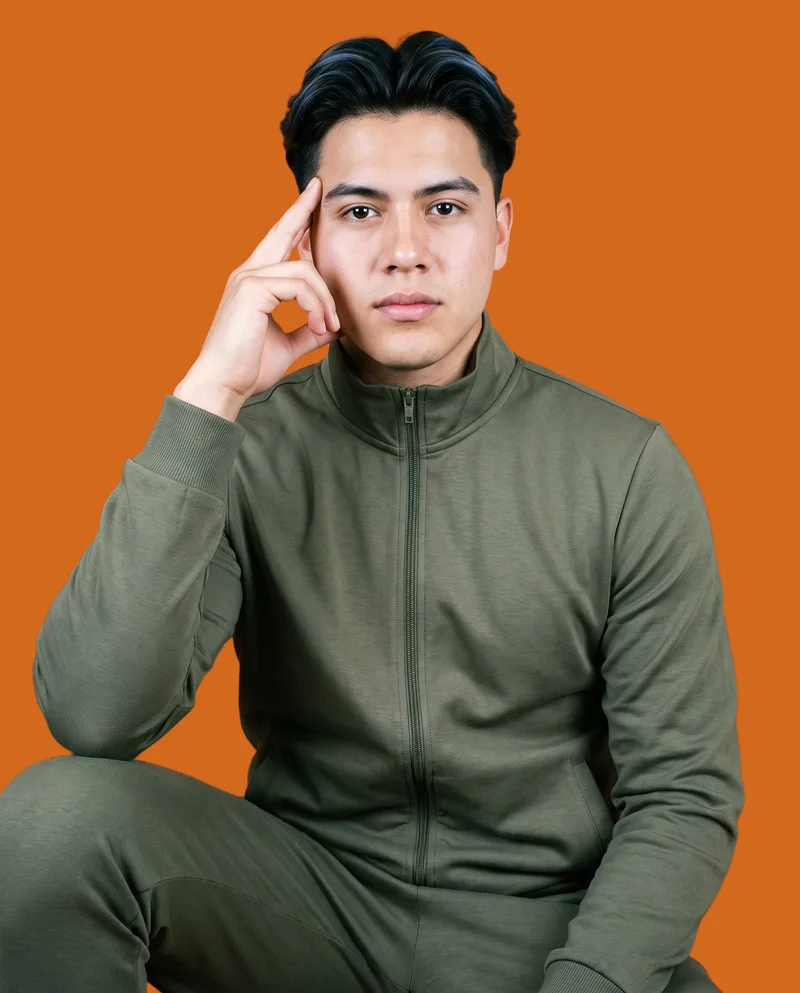 Men's Olive Tracksuit, Upper body at Front, Studio Cutout lighting