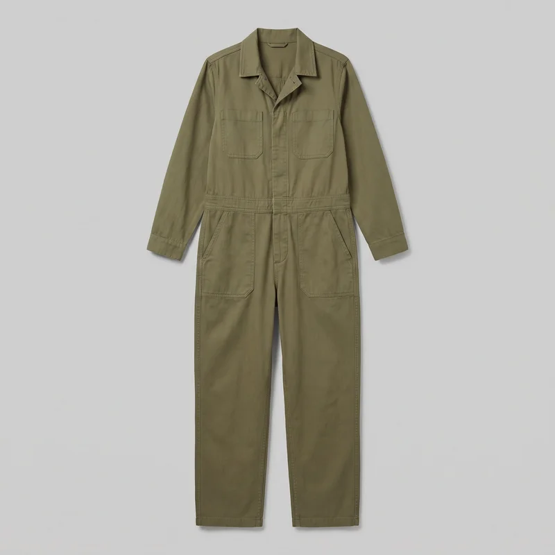 An olive one-piece utility coverall jumpsuit is laid flat in a complete front view. It has a shirt collar with an open V-shaped front, long sleeves with cuffed ends, a concealed central button placket, a seamed waist panel, straight full-length legs, and straight pant hems. Two chest patch pockets, two lower utility pockets with slanted openings, pronounced topstitching, shoulder yoke seams, and vertical body seams are visible.
