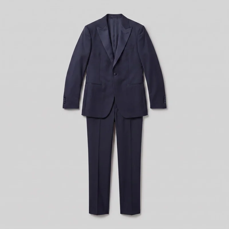 A midnight blue men's two-piece tailored suit is laid flat in a complete front view, with the jacket arranged over matching straight-leg trousers. The single-breasted jacket has peaked lapels, a deep V opening, one front button, structured shoulders, long sleeves with multi-button cuffs, a chest welt pocket, and two lower welt pockets. The trousers have full-length straight legs, pressed center creases, and plain hems.