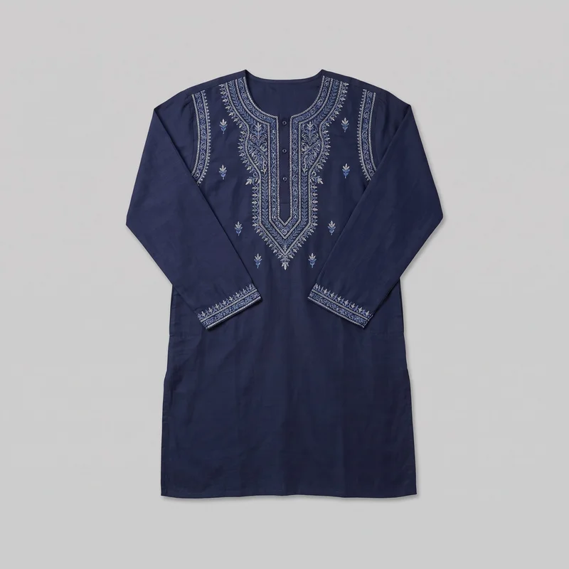 Navy long-sleeve kurta tunic shown flat in a standalone front view, mostly complete from neckline to hem. It has a rounded neckline with a short button placket, dense U-shaped embroidery framing the neckline and placket, shoulder bands, scattered floral sprigs across the chest and upper body, embroidered cuff borders, straight sleeves, and a straight hem.