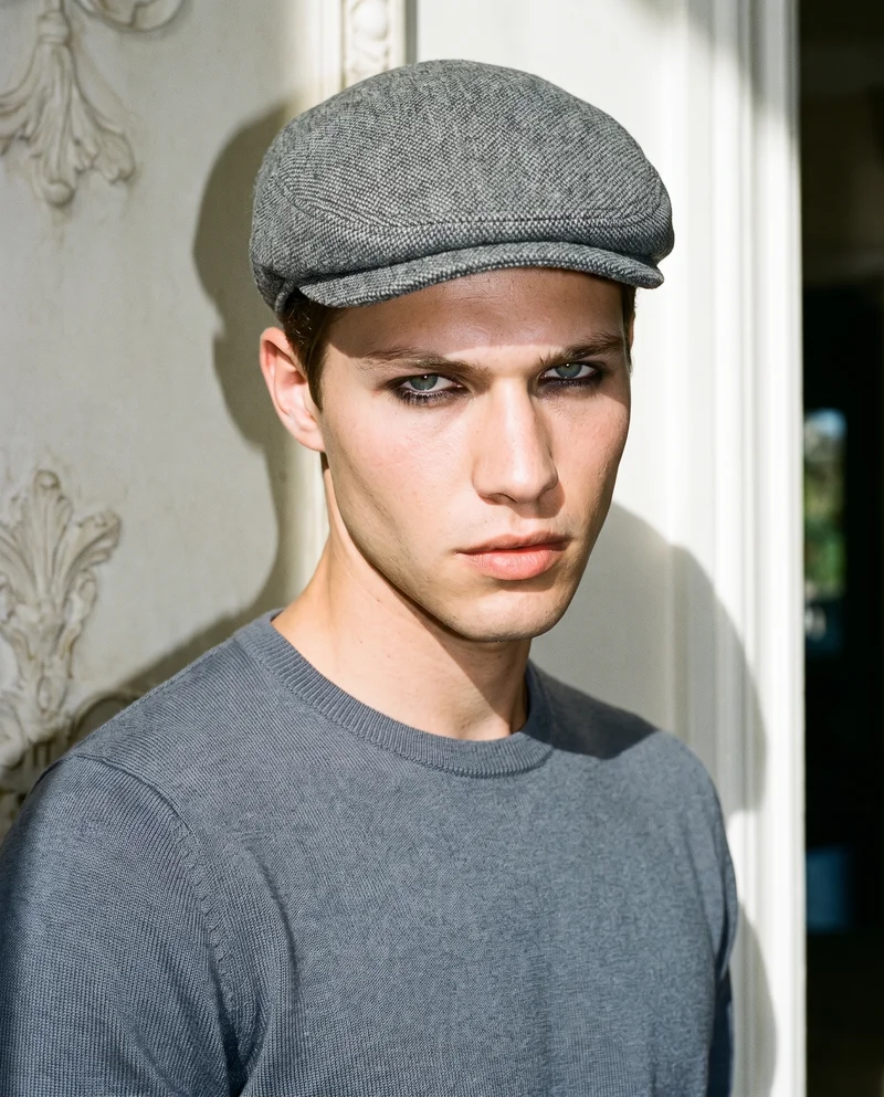 Men's Grey Wool Flat Cap, Bust at Front, Flash Editorial lighting