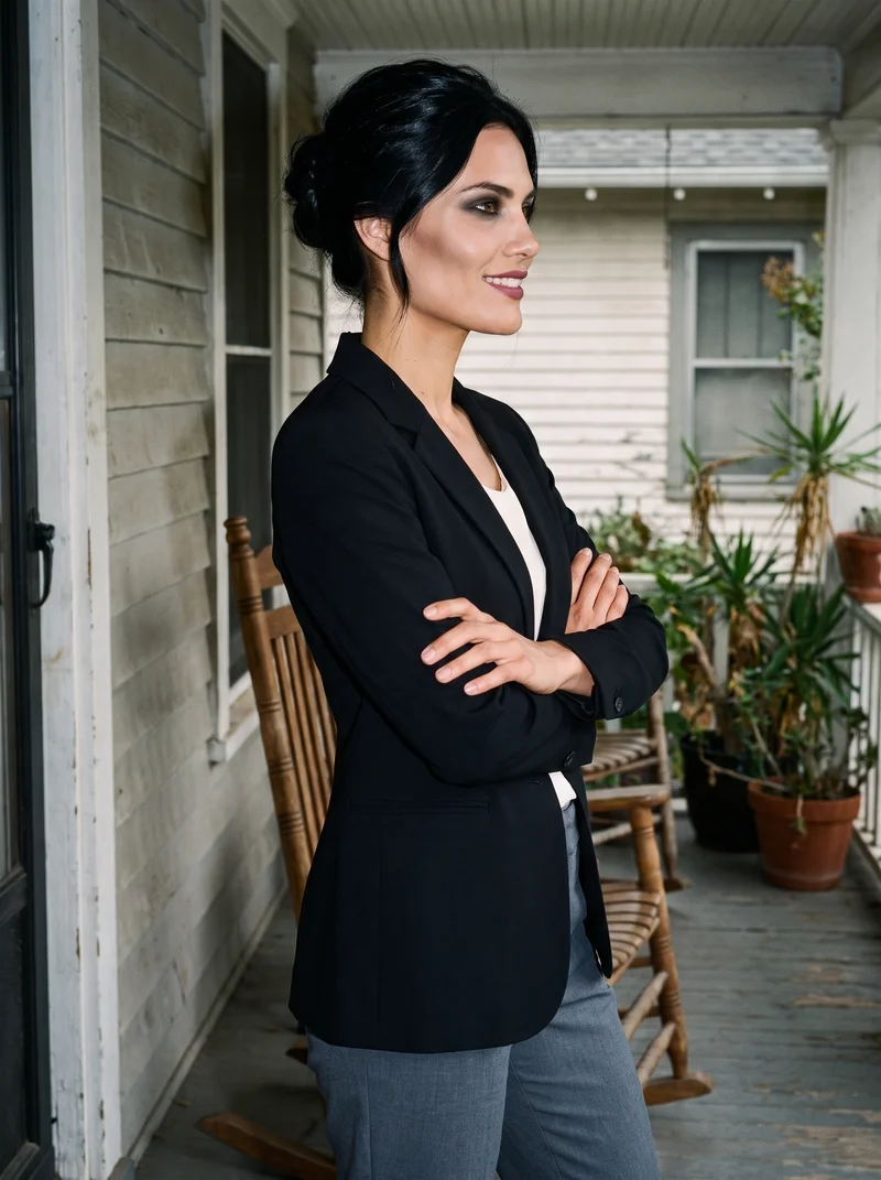 A 23-year-old Hispanic woman wears a women's black tailored blazer in a three-quarter-length side-view composition. She stands with her arms crossed and is smiling, with a front porch backdrop.