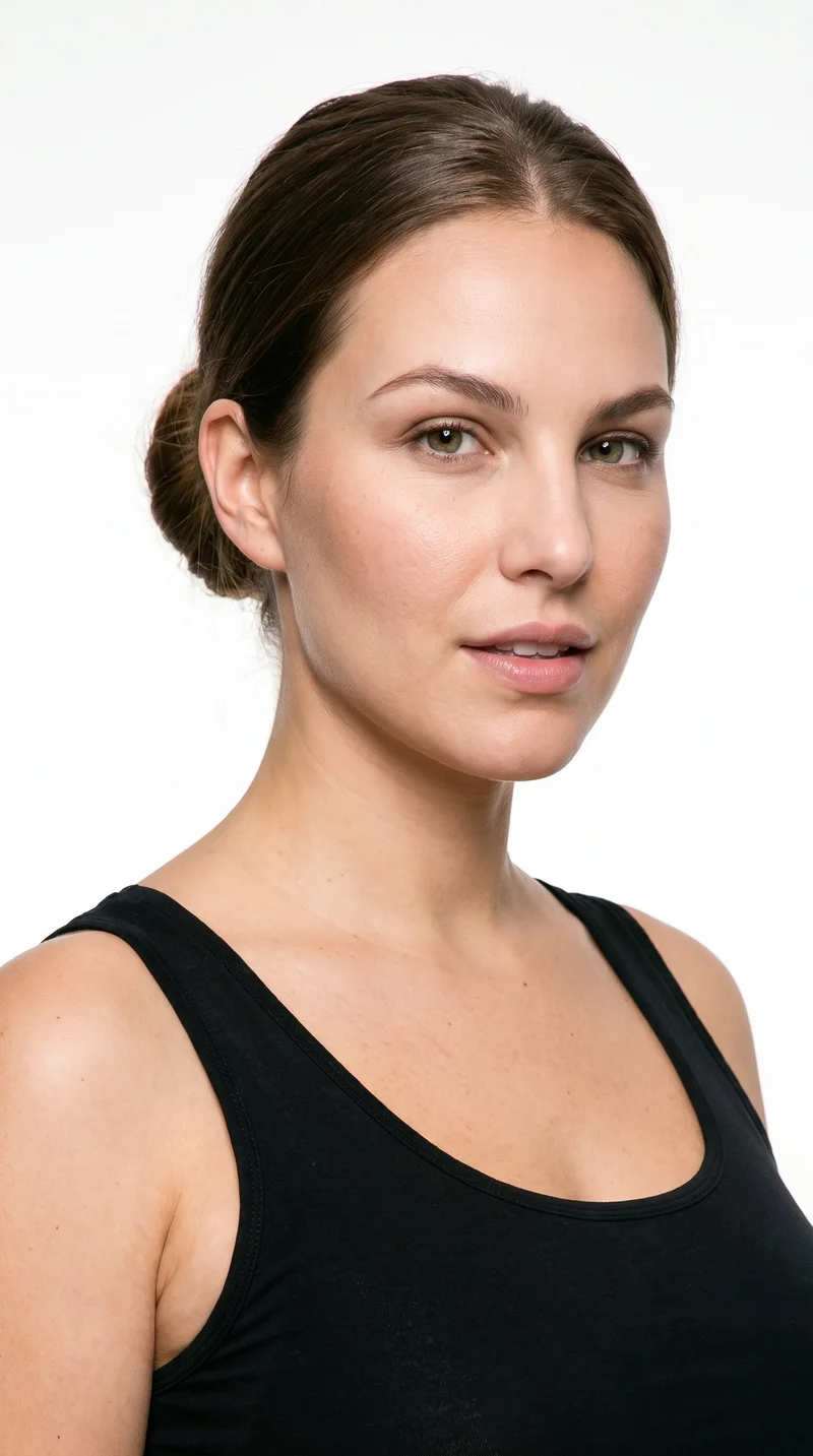 This 29-year-old Caucasian woman has a medium skin tone with a warm golden undertone. Her face is oval with balanced proportions and a softly rounded jaw. She has medium-thickness eyebrows, green eyes, and full lips. Her brown hair is wound into a rounded bun at the back of her head.