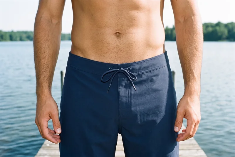 Navy board shorts worn by a male model, framed from the hips in a front view with his hips level. A lakeside dock serves as the backdrop.