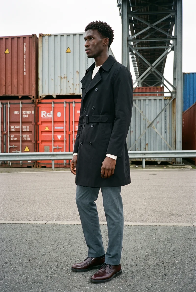 Men's Black Trench Coat, Full body at Side, Clean Catalog lighting