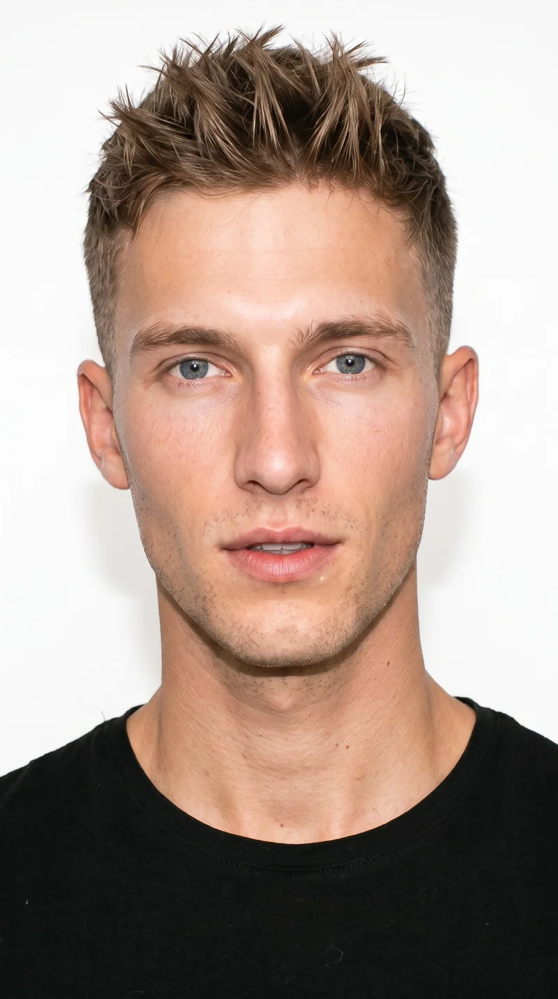 This 25-year-old Caucasian man has lightly tanned fair skin with a peach undertone. His face is long, with more length than width, a tall forehead, and elongated cheeks. He has medium-thickness eyebrows, cool clear grey eyes, and medium lips. His dark-blonde hair is styled in a clean, structured French crop with short sides and a short, blunt fringe. He is clean-shaven, with smooth skin across the whole face.