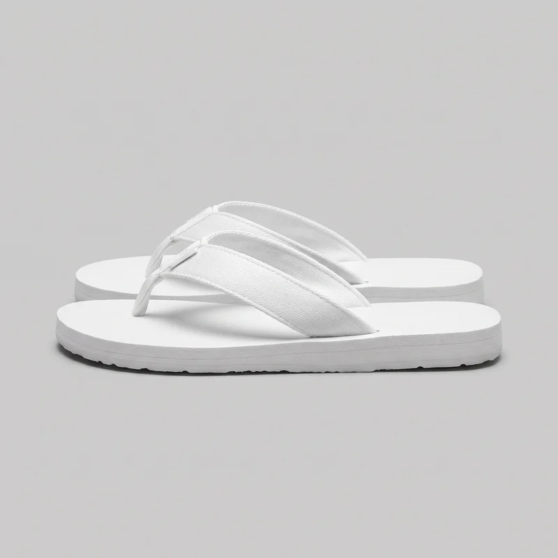 A pair of white thong flip-flop sandals is shown as a standalone product from a low side angle. The sandals have broad V-shaped straps, central toe posts, open toes and heels, rounded rectangular footbeds, stitched edging, layered sidewalls, and slightly thick flat soles with subtle tread visible along the lower edges. No logos, prints, patches, embroidery, or embellishments are visible.