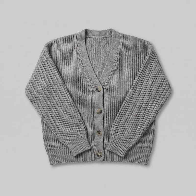 A complete front flat-lay view of a women's grey knit cardigan. It has a relaxed fit, dropped shoulders, long roomy sleeves with ribbed cuffs, a V-neckline framed by wide ribbed bands, and a full button closure with four visible round buttons. The body features an all-over textured vertical knit pattern, with broader ribbing at the neckline, front bands, cuffs, and straight bottom hem; no pockets, logos, prints, embroidery, or embellishments are visible.