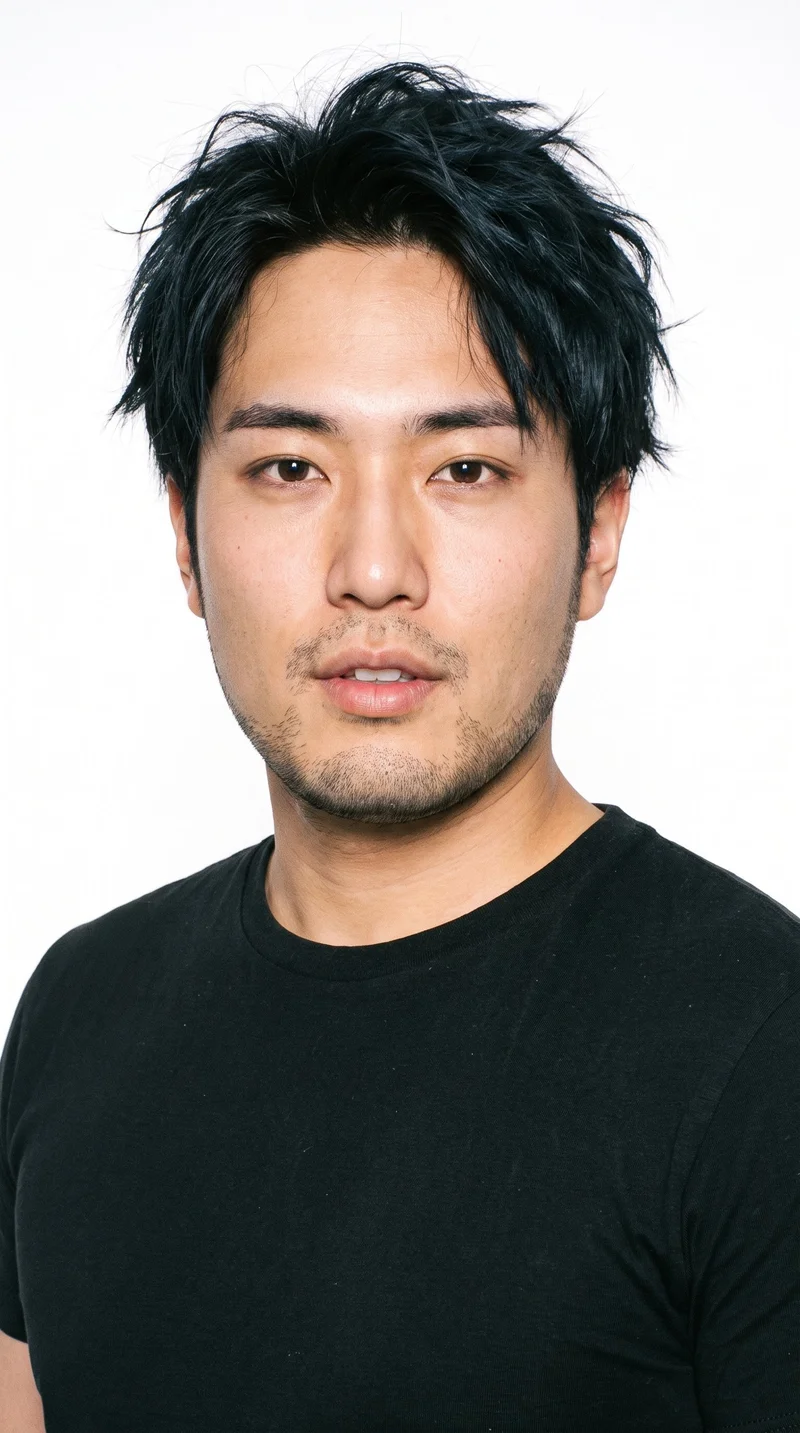 A 25-year-old Japanese man with medium skin and a neutral undertone has a long face, with more length than width, a tall forehead, and elongated cheeks. His medium-thickness eyebrows frame very dark, near-black eyes, and he has full lips. His deep black hair is tousled, with deliberately undone texture and natural movement. Fine, closely trimmed stubble lightly covers the beard area.