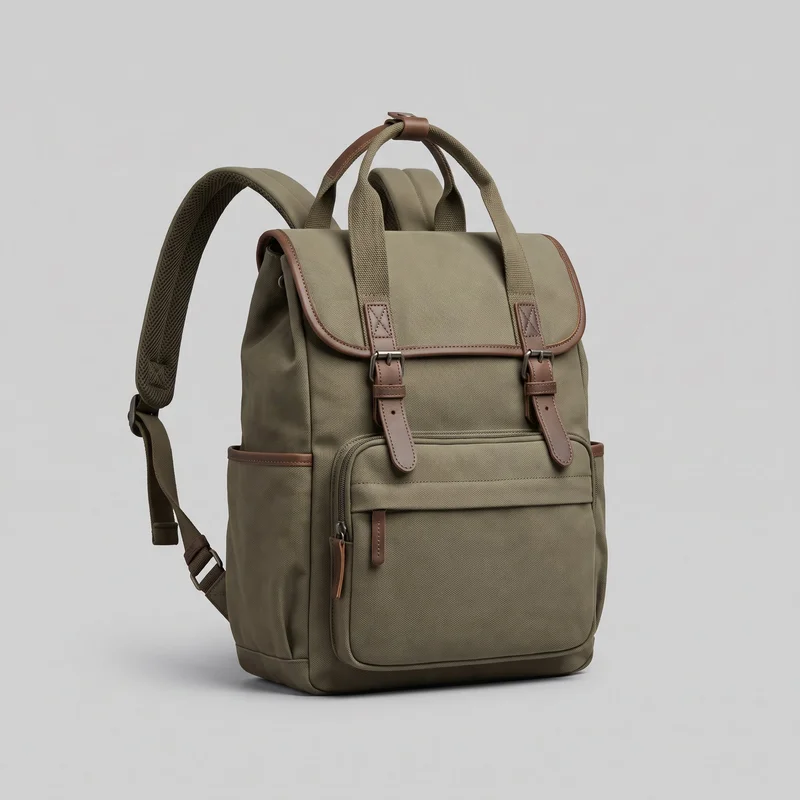 An upright olive utility backpack is shown in a standalone three-quarter front view. Its structured rectangular shape has a flat base, rounded fold-over flap, twin top carry handles, padded adjustable shoulder straps, side slip pockets, and contrast edging. Two vertical buckle-style straps with metal loop hardware secure the flap, while a zip pocket, larger U-shaped front compartment, horizontal slip band, stitched reinforcements, and seam piping are visible. No logos or prints are shown.