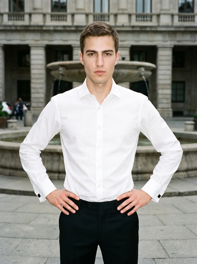 A 23-year-old Caucasian man is shown from the upper body in a front view, wearing Onyx Cufflinks with his hands on his hips and a neutral expression. The Fountain Plaza appears as the backdrop.