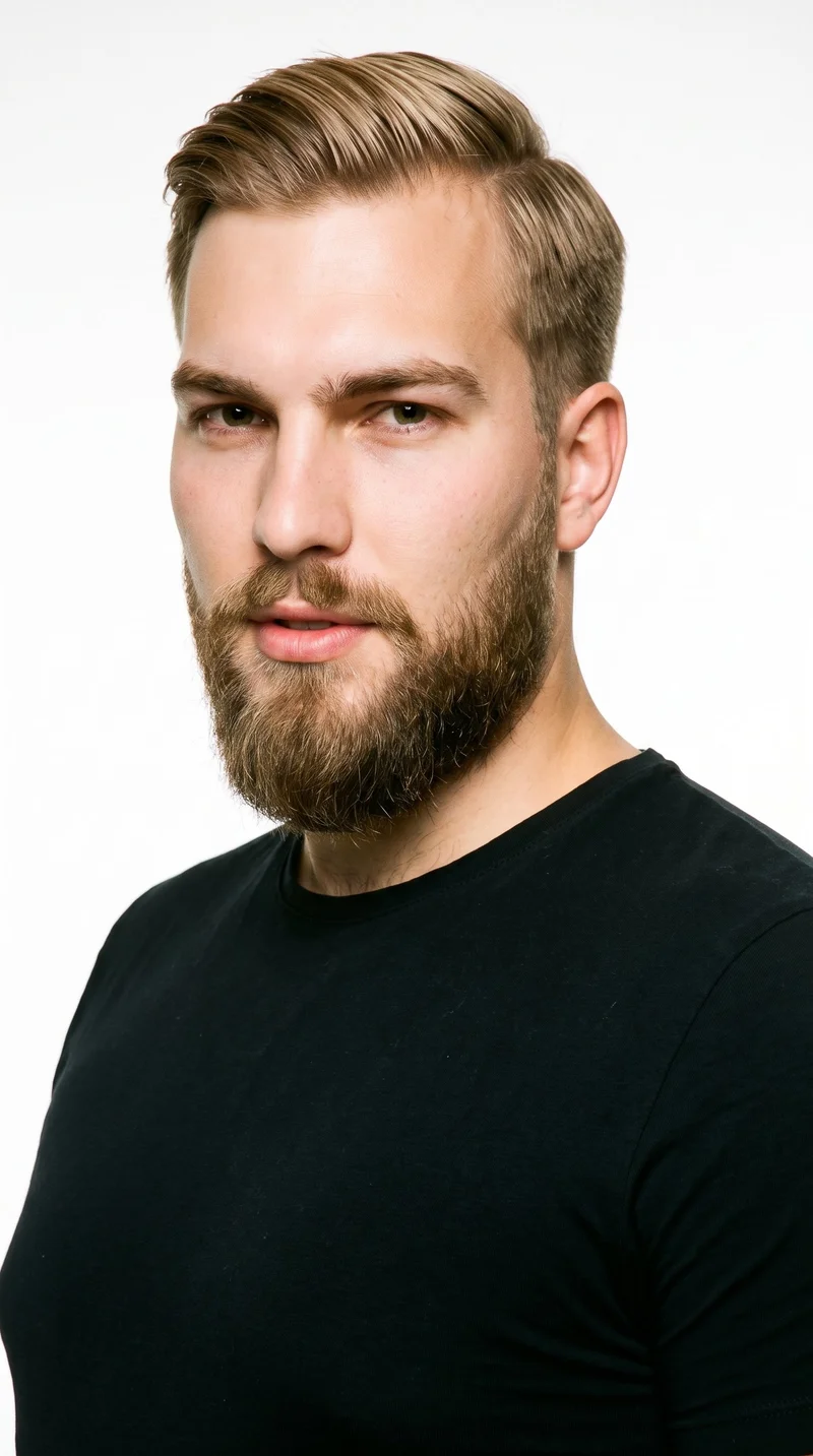 This 24-year-old Caucasian man has a medium olive skin tone with a cool undertone. His diamond-shaped face has a narrow forehead and jaw, with the greatest width at the cheekbones. He has medium-thickness eyebrows, brown eyes, and medium-sized lips. His mid-tone blonde hair is combed to one side along a defined part. A full beard grows evenly and continuously across his cheeks, jaw, and chin.